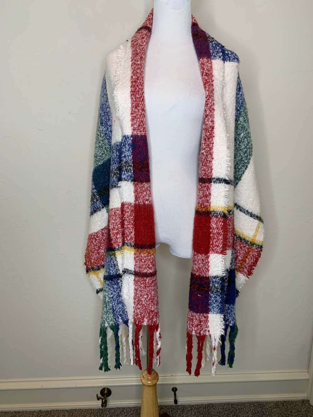 Plaid Blanket Scarf Fringe OSFA Cream Red Blue Green Yellow
